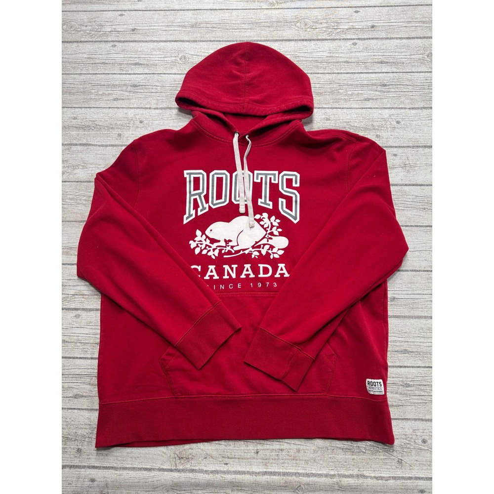 Roots Canada Hoodie Men's XL Red Fleece Lined Pullover Beaver Heritage Varsity